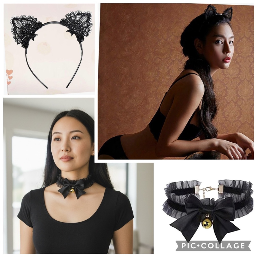 New! Black Kitty Cat Ears with Black Bow Choker Set